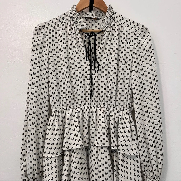 Maje Rinala Mini Dress Bow Print Size 36 Satin White Tie Neck - Picture 4 of 11
